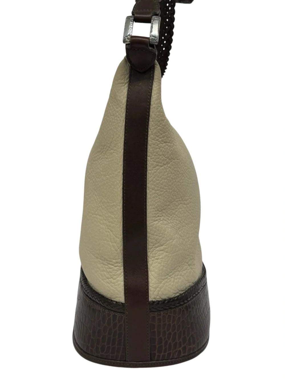 Vintage 1996 Brighton Beige Croc Leather Bucket Crossbody Purse w/Braided Strap